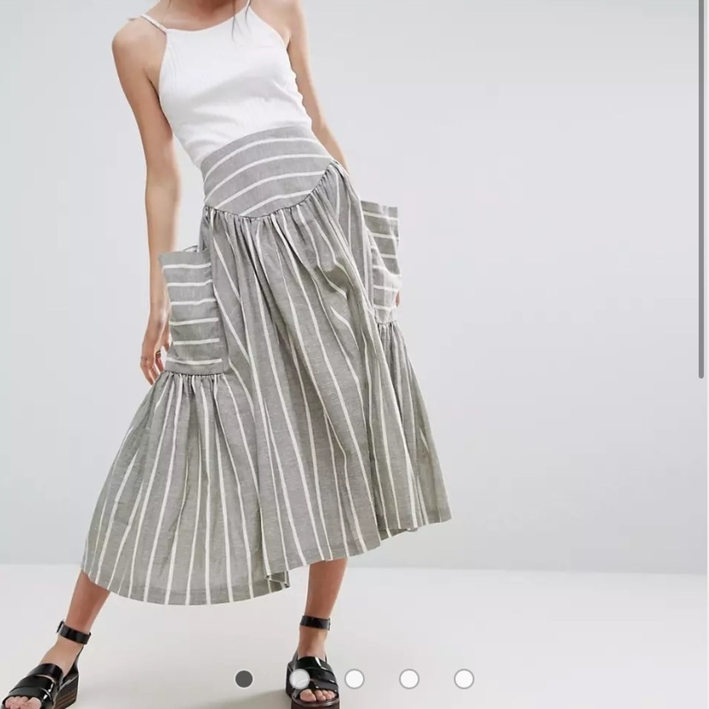 asos Linen Blend Striped Midi Skirt with Oversized Pockets Size 0